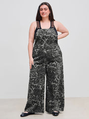 Denim Leopard Button Pocket Wide Leg Jumpsuit Curve & Plus
