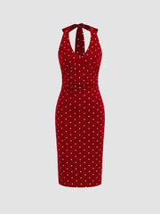 Cotton-blend Halter Neckline Polka Dot Ruched Midi Dress