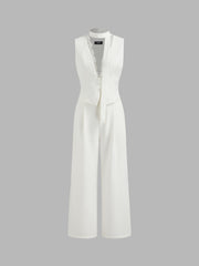 V-neck Lace Trim Wide Leg Jumpsuit With Scarf