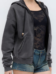 Terry Solid Washed Beaded Drawstring Pocket Zipper Hoodie