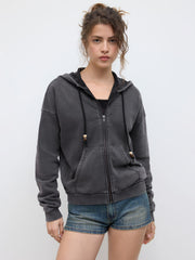 Terry Solid Washed Beaded Drawstring Pocket Zipper Hoodie