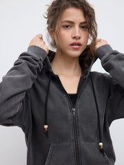 Terry Solid Washed Beaded Drawstring Pocket Zipper Hoodie