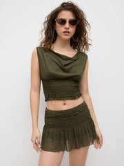 Mesh Boat Neck Top & Ruffle Hem Shirred Micro Mini Skirt
