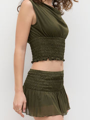 Mesh Boat Neck Top & Ruffle Hem Shirred Micro Mini Skirt