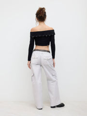 Cotton-blend Low Rise Elastic Waist Wide Leg Cargo Trousers