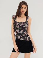 Floral Ruffle Hem Rosette Asymmetrical Tank Top