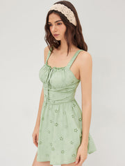 Cotton Broderie Anglaise Ruched Knotted Mini Dress