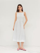 100% Cotton Square Neck Pleated Tie Back Bowknot Maxi Dress