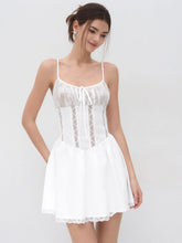 U-neckline Lace Ruffle Hem Knotted Mini Dress