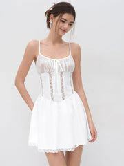 U-neckline Lace Ruffle Hem Knotted Mini Dress