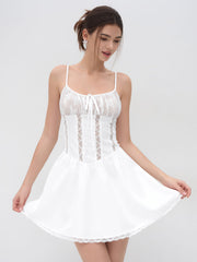 U-neckline Lace Ruffle Hem Knotted Mini Dress