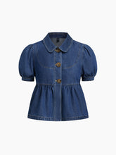 Denim Peter Pan Collar Ruched Puff Sleeve Blouse