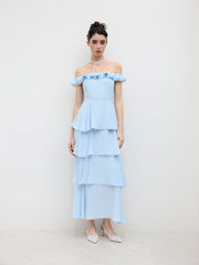 Off-shoulder Ruffle Layered Shirred Maxi Dress