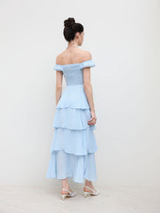 Off-shoulder Ruffle Layered Shirred Maxi Dress