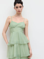 V-neck Ruffle Layered Shirred Maxi Dress