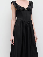 Square Neck Rhinestone Bowknot Corset Ruffle Maxi Dress