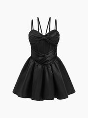V-neck Bowknot Corset Ruched Ruffle Mini Dress