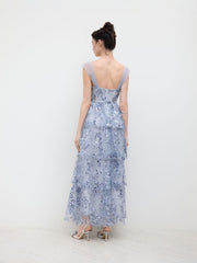 Mesh Square Neck Floral Sequin Tulle Layered Maxi Dress