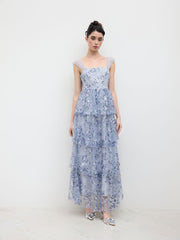 Mesh Square Neck Floral Sequin Tulle Layered Maxi Dress