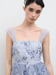 Mesh Square Neck Floral Sequin Tulle Layered Maxi Dress