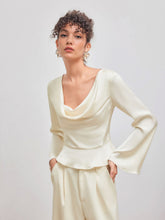 Satin Cowl Neckline Solid Ruffle Hem Long Sleeve Blouse
