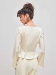 Satin Cowl Neckline Solid Ruffle Hem Long Sleeve Blouse