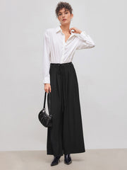 Mid Rise Solid Pleated Knotted Wide Leg Trousers