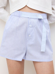 100% Cotton Mid Rise Stripe Elastic Waist Belted Shorts