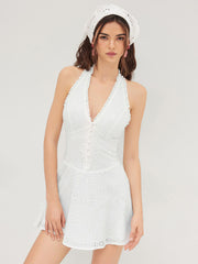 Cotton V-neck Halter Broderie Anglaise Mini Dress