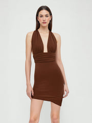 V-neck Halter Ruched Knotted Mini Dress