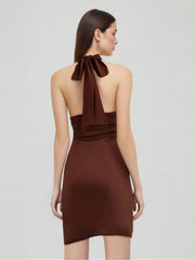 V-neck Halter Ruched Knotted Mini Dress