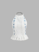 Cotton Halter Neckline Floral Shirred Ruffle Hem Lace Trim Tank Top