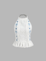 Cotton Halter Neckline Floral Shirred Ruffle Hem Lace Trim Tank Top