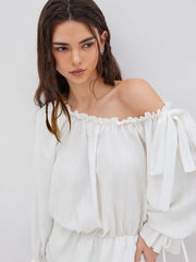 Asymmetrical Neck Lantern Sleeve Knotted Blouse