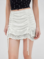 Cotton Low Rise Drawstring Ruched Lace Trim Mini Skirt