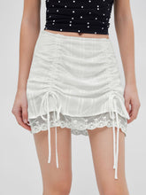 Cotton Low Rise Drawstring Ruched Lace Trim Mini Skirt