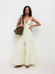 Cotton V-neck Beaded Contrasting Binding Tiered Jumpsuit