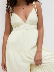 Cotton V-neck Beaded Contrasting Binding Tiered Jumpsuit