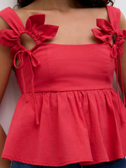 100% Cotton Square Neck Cut Out Ruffle Hem Top