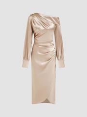 Satin Asymmetrical Neck Ruched Split Maxi Dress