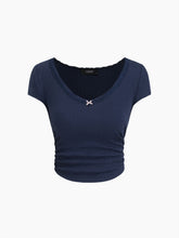 100% Cotton V-neck Lace Trim Bowknot Ruched Tee