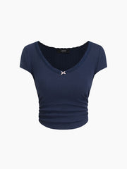 100% Cotton V-neck Lace Trim Bowknot Ruched Tee