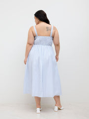Cotton Square Neck Stripe Shirred Ruffle Midi Dress Curve & Plus