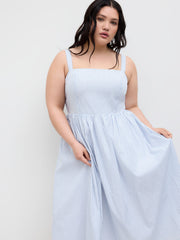 Cotton Square Neck Stripe Shirred Ruffle Midi Dress Curve & Plus