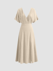 Linen-blend V-neck Solid Ruffle Split Maxi Dress