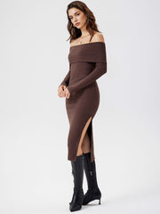 Jersey Off-shoulder Solid Split Midi Dress