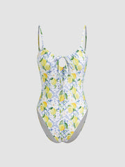 Shaping U-neckline Lemon Cut Out Knotted One Piece Swimsuit