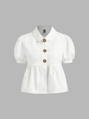 Denim Peter Pan Collar Ruched Puff Sleeve Blouse