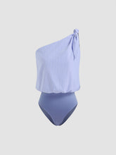 Cotton-blend Asymmetrical Neck Stripe Knotted Shirt Bodysuit