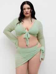 V-neck Knotted Halter Cheeky Bikini Set With Mesh Cover Up Set Curve & Plus